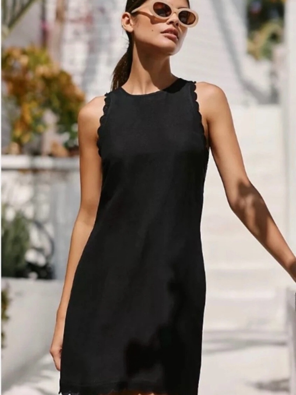 Anthropologie Black Sleeveless Scalloped-Edge Mini Dress